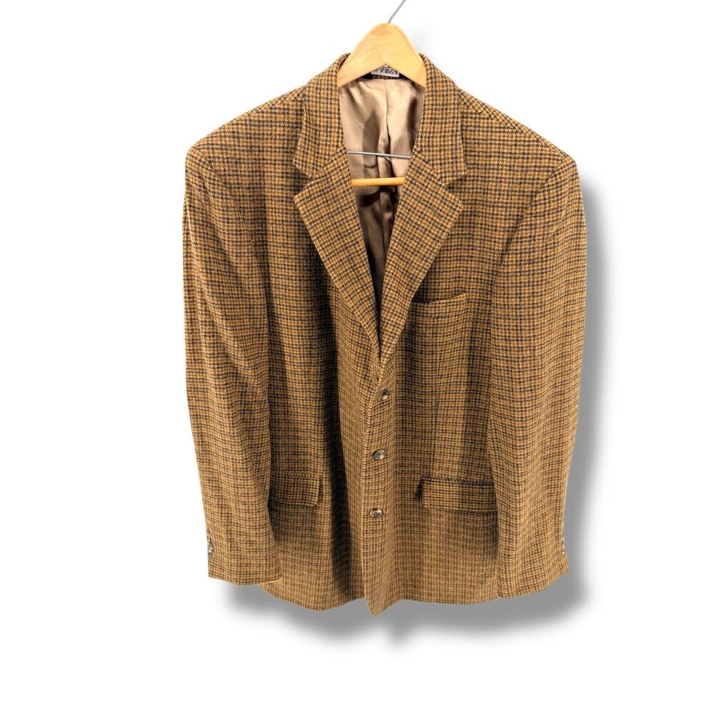 Jos A Bank 100% Camel Hair Sport Coat 44XL Houndstooth Tan Navy Blazer 3-Button